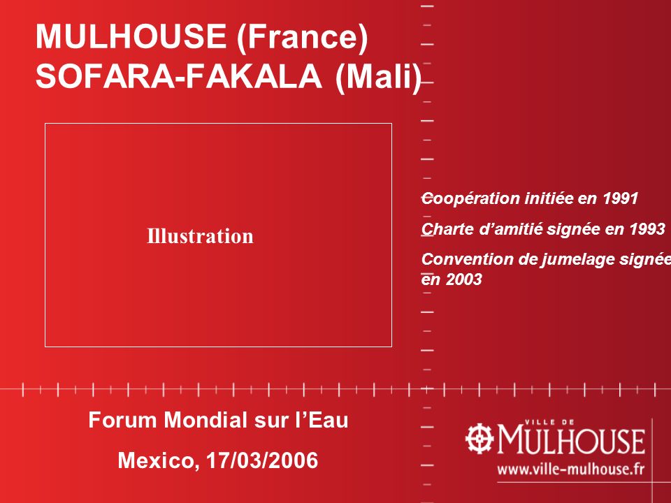 01 avril Forum Mondial sur lEau Mexico, 17/03/2006 MULHOUSE (France) SOFARA-FAKALA (Mali) Illustration Coopération initiée en 1991 Charte damitié signée en 1993 Convention de jumelage signée en 2003