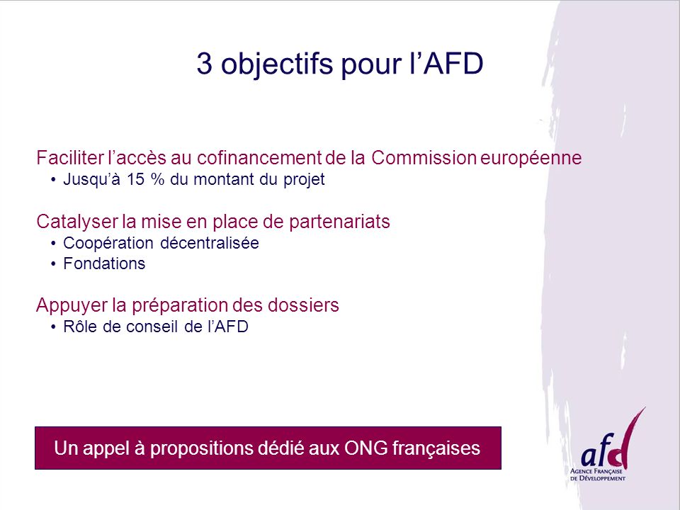 3 objectifs pour lAFD Faciliter laccès au cofinancement de la Commission européenne Jusquà 15 % du montant du projet Catalyser la mise en place de partenariats Coopération décentralisée Fondations Appuyer la préparation des dossiers Rôle de conseil de lAFD Un appel à propositions dédié aux ONG françaises