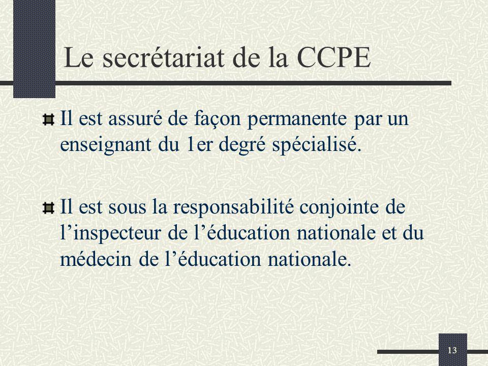 13 Le secrétariat de la CCPE Il est assuré de façon permanente par un enseignant du 1er degré spécialisé.