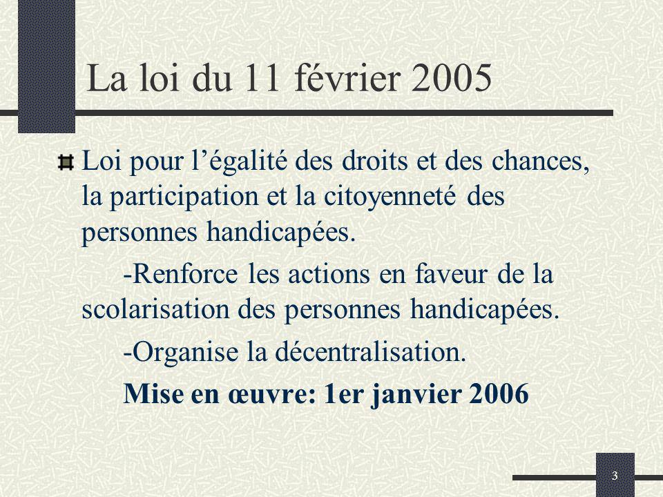 3 La loi du 11 février 2005 Loi pour légalité des droits et des chances, la participation et la citoyenneté des personnes handicapées.
