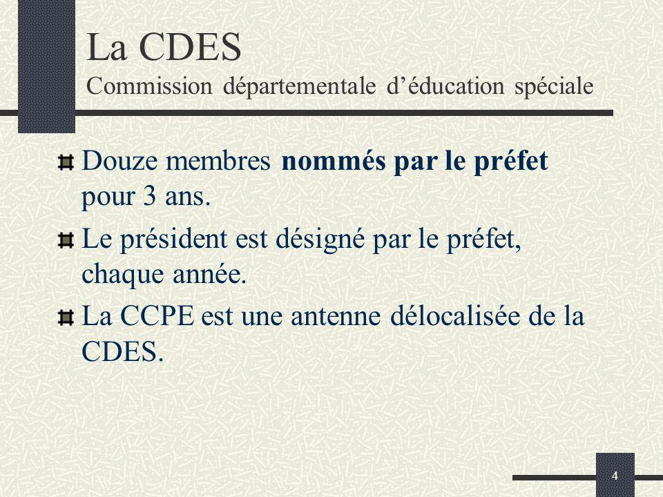 4 La CDES Commission départementale déducation spéciale Douze membres nommés par le préfet pour 3 ans.