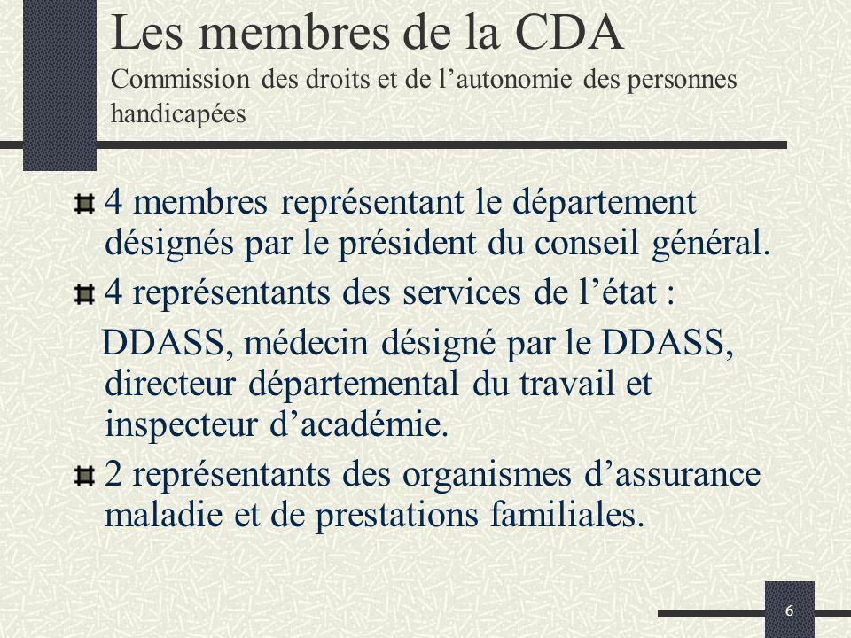 6 Les membres de la CDA Commission des droits et de lautonomie des personnes handicapées 4 membres représentant le département désignés par le président du conseil général.