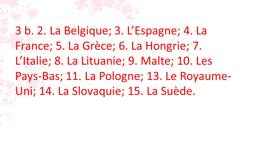 3 b. 2. La Belgique; 3. LEspagne; 4. La France; 5.