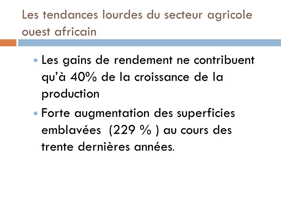 Les tendances lourdes du secteur agricole ouest africain Les gains de rendement ne contribuent quà 40% de la croissance de la production Forte augmentation des superficies emblavées (229 % ) au cours des trente dernières années.