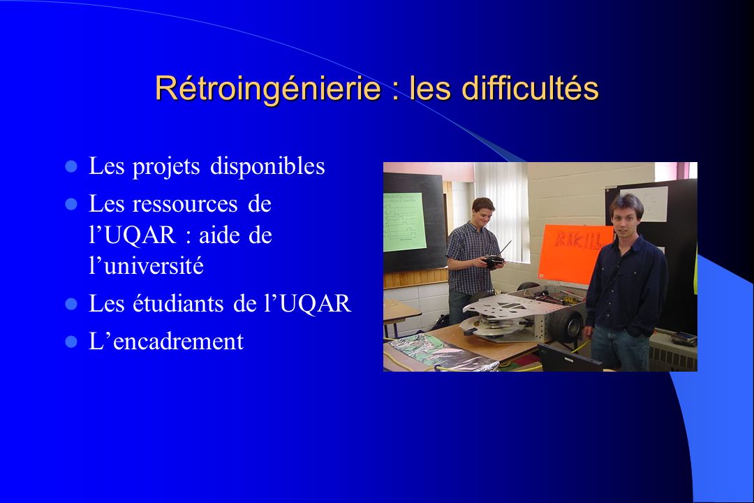 Rétroingénierie : les difficultés Les projets disponibles Les ressources de lUQAR : aide de luniversité Les étudiants de lUQAR Lencadrement