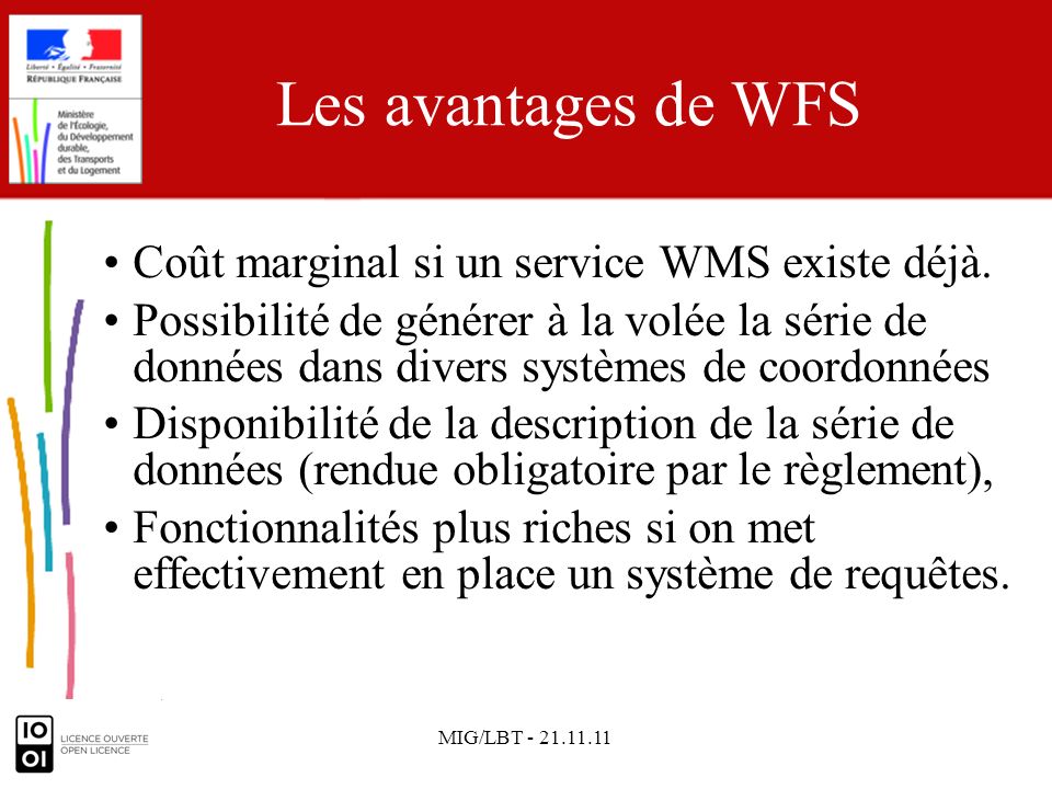 MIG/LBT Les avantages de WFS Coût marginal si un service WMS existe déjà.