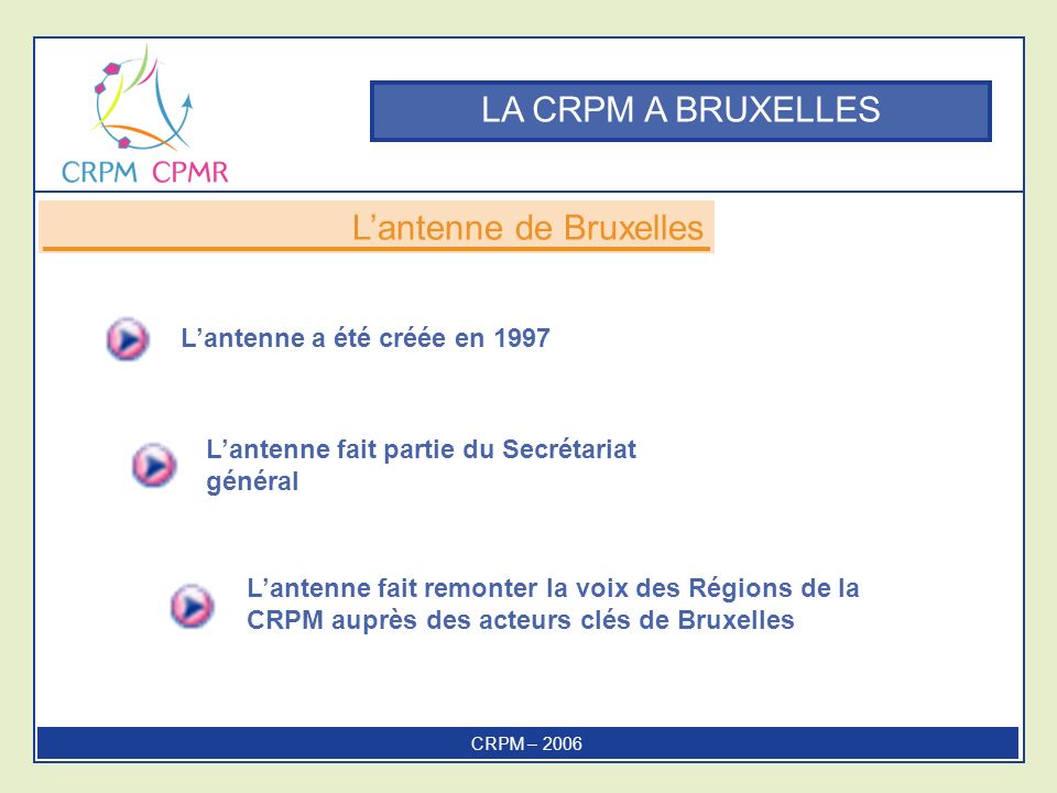 LA CRPM A BRUXELLES Lantenne a été créée en 1997 Lantenne fait partie du Secrétariat général Lantenne de Bruxelles CRPM – 2006 Lantenne fait remonter la voix des Régions de la CRPM auprès des acteurs clés de Bruxelles