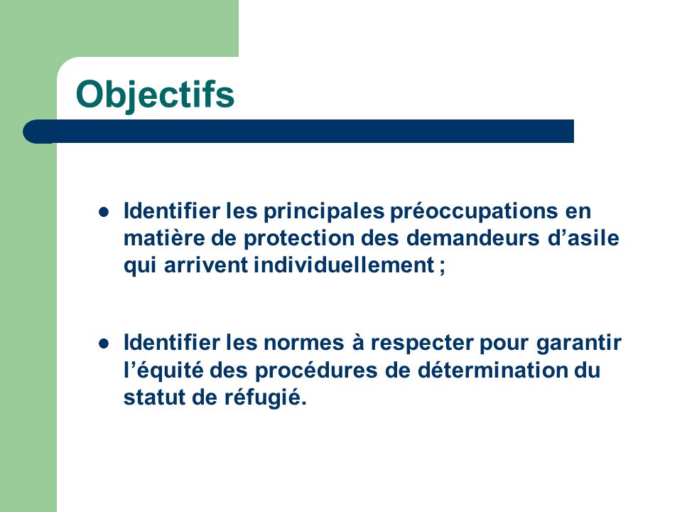 Objectifs Identifier les principales préoccupations en matière de protection des demandeurs dasile qui arrivent individuellement ; Identifier les normes à respecter pour garantir léquité des procédures de détermination du statut de réfugié.