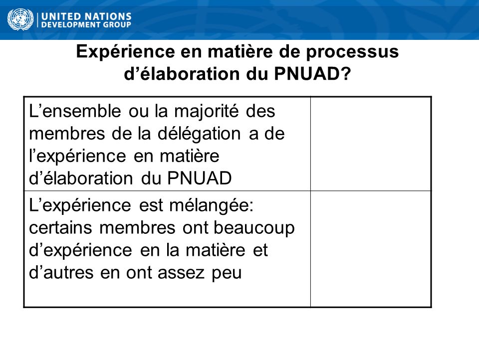 Expérience en matière de processus délaboration du PNUAD.