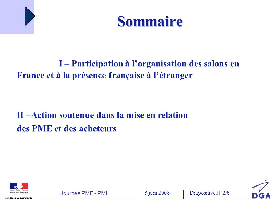 Journée PME - PMI 5 juin 2008 MINISTÈRE DE LA DÉFENSE Diapositive N°2/8 Sommaire I – Participation à lorganisation des salons en France et à la présence française à létranger II –Action soutenue dans la mise en relation des PME et des acheteurs