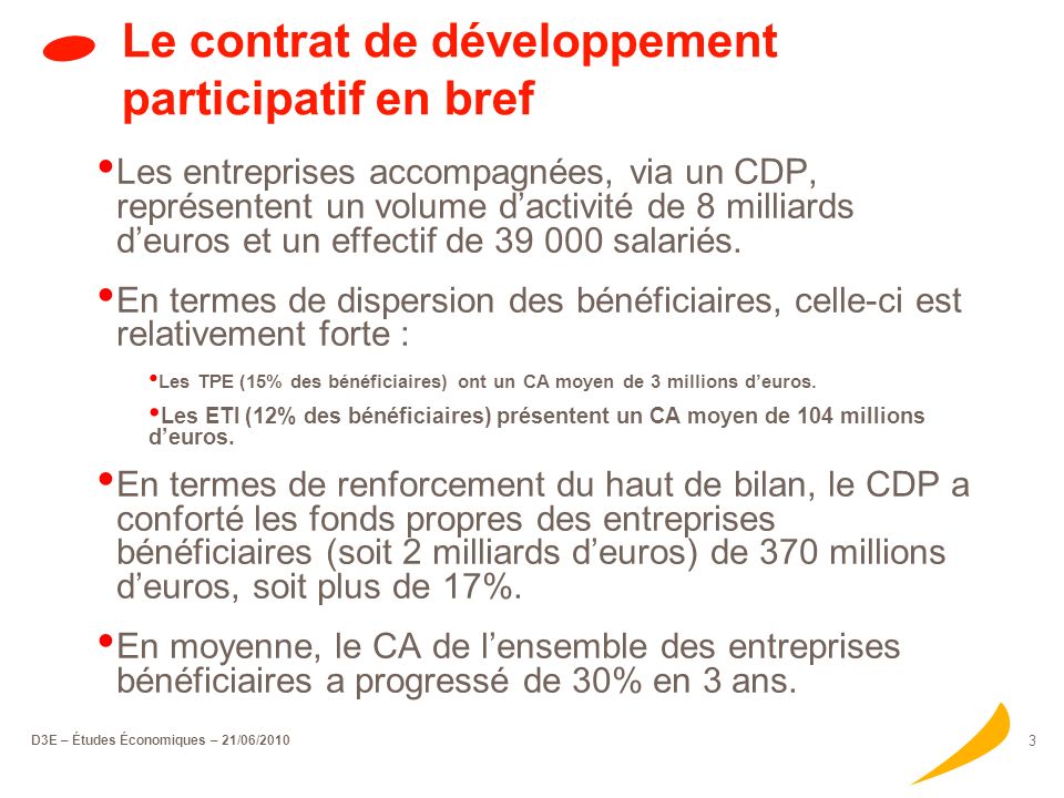 D3E – Études Économiques – 21/06/ Le contrat de développement participatif en bref En 6 mois, plus de 370 contrats de développement participatif accordés à près de 360 entreprises pour un montant global de 370 millions deuros.