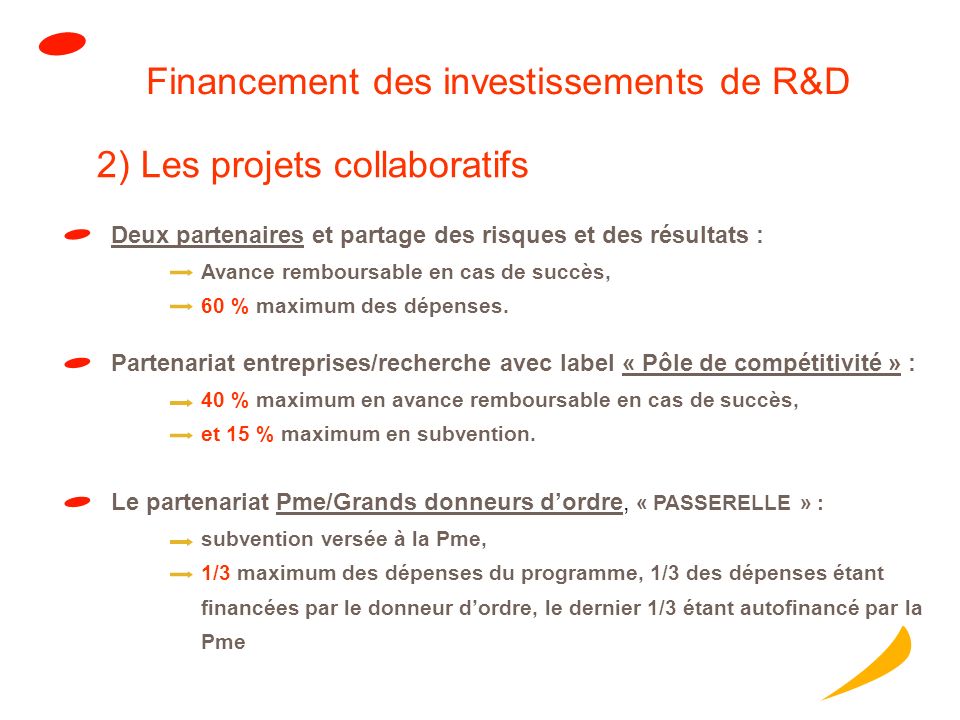 Financement des investissements de R&D Partenariat entreprises/recherche avec label « Pôle de compétitivité » : 40 % maximum en avance remboursable en cas de succès, et 15 % maximum en subvention.