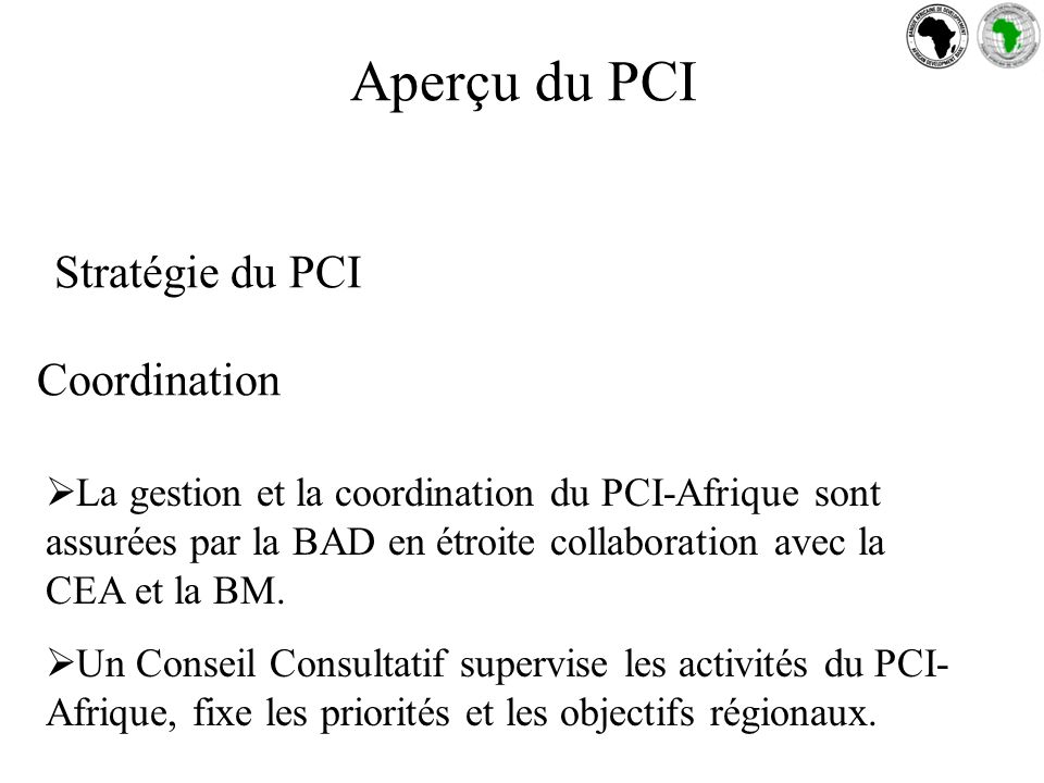 Stratégie du PCI Coordination La gestion et la coordination du PCI-Afrique sont assurées par la BAD en étroite collaboration avec la CEA et la BM.