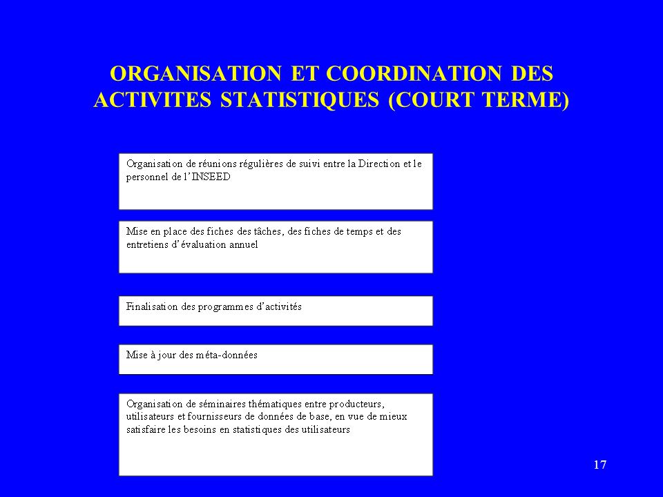 17 ORGANISATION ET COORDINATION DES ACTIVITES STATISTIQUES (COURT TERME)