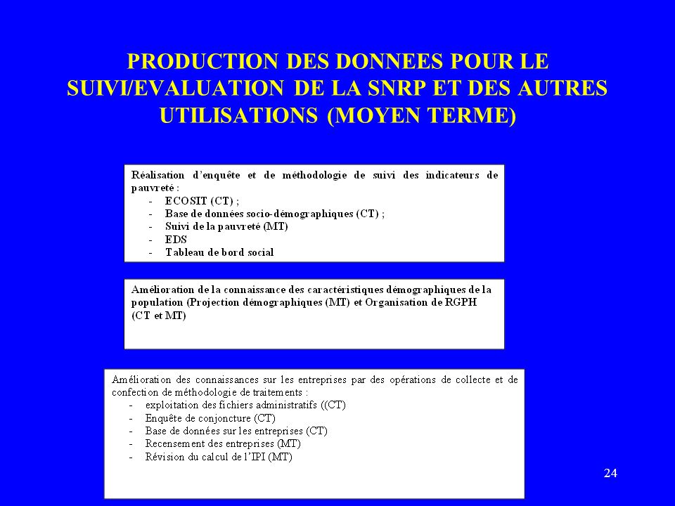 24 PRODUCTION DES DONNEES POUR LE SUIVI/EVALUATION DE LA SNRP ET DES AUTRES UTILISATIONS (MOYEN TERME)