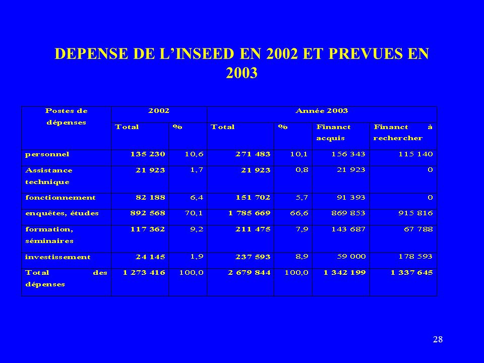 28 DEPENSE DE LINSEED EN 2002 ET PREVUES EN 2003