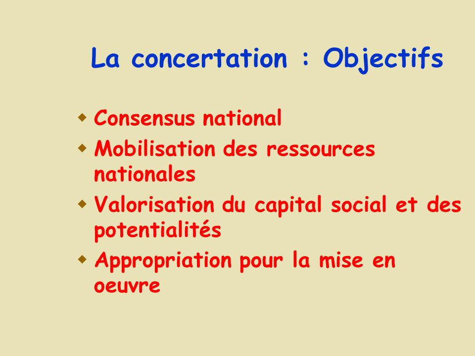La concertation : Objectifs Consensus national Mobilisation des ressources nationales Valorisation du capital social et des potentialités Appropriation pour la mise en oeuvre