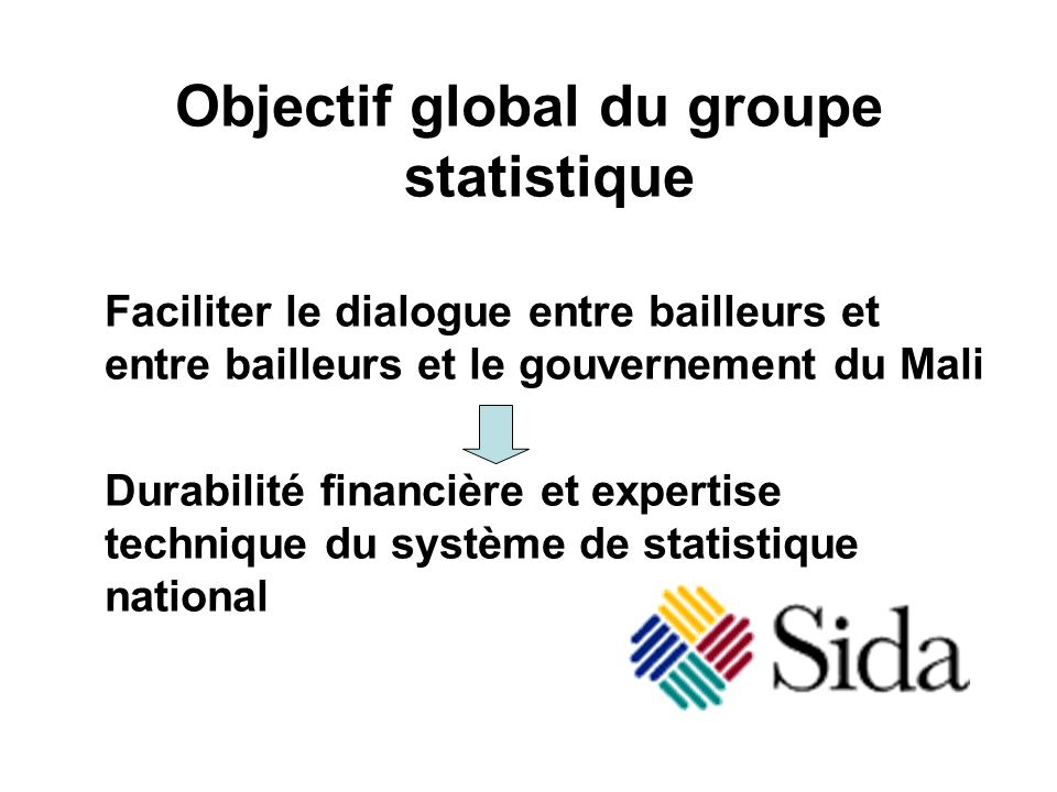 Objectif global du groupe statistique Faciliter le dialogue entre bailleurs et entre bailleurs et le gouvernement du Mali Durabilité financière et expertise technique du système de statistique national