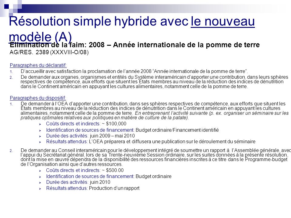 Résolution simple hybride avec le nouveau modèle (A) Élimination de la faim: 2008 – Année internationale de la pomme de terre AG/RES.