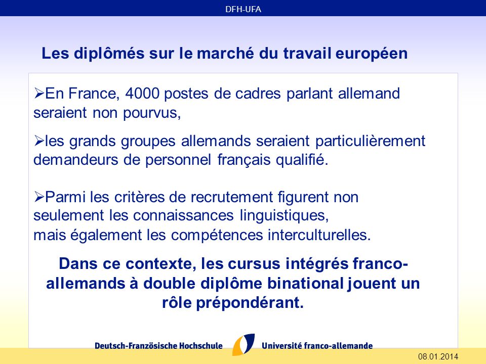 Les diplômés sur le marché du travail européen En France, 4000 postes de cadres parlant allemand seraient non pourvus, les grands groupes allemands seraient particulièrement demandeurs de personnel français qualifié.