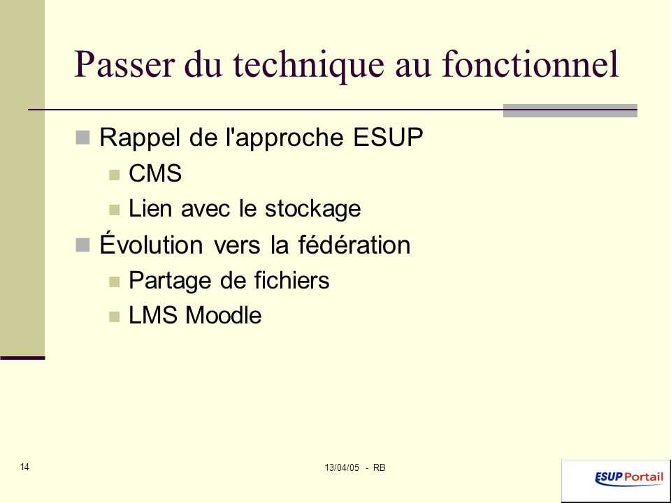 13/04/05 - RB 14 Passer du technique au fonctionnel Rappel de l approche ESUP CMS Lien avec le stockage Évolution vers la fédération Partage de fichiers LMS Moodle