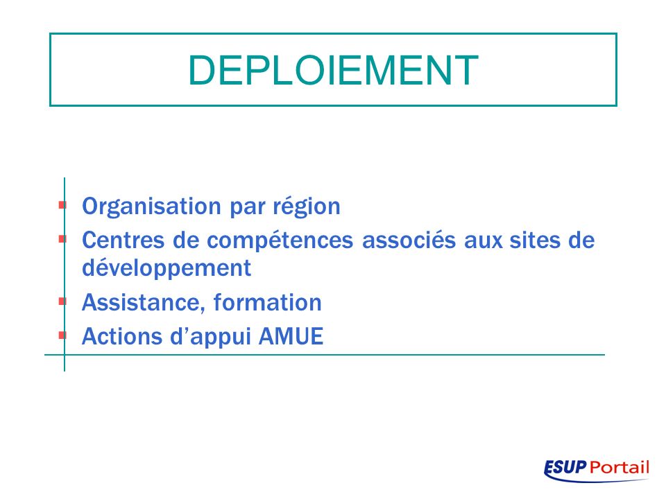 Organisation par région Centres de compétences associés aux sites de développement Assistance, formation Actions dappui AMUE DEPLOIEMENT
