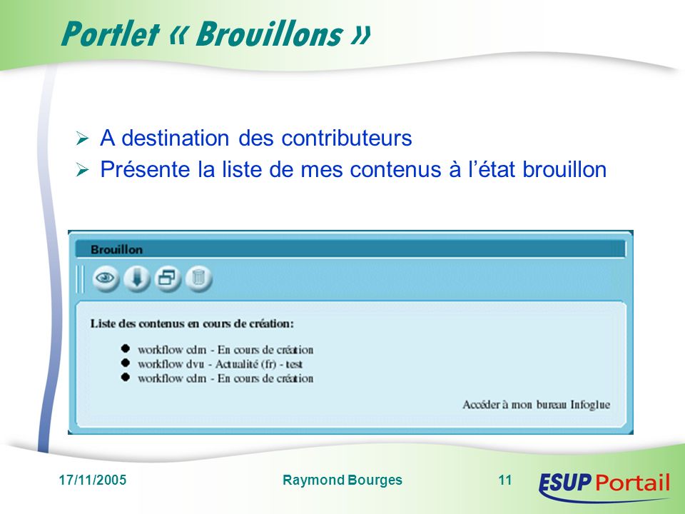 17/11/2005Raymond Bourges11 Portlet « Brouillons » A destination des contributeurs Présente la liste de mes contenus à létat brouillon