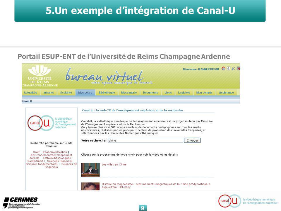 9 9 5.Un exemple dintégration de Canal-U Portail ESUP-ENT de lUniversité de Reims Champagne Ardenne