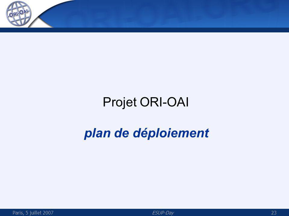 Paris, 5 juillet 2007ESUP-Day23 Projet ORI-OAI plan de déploiement