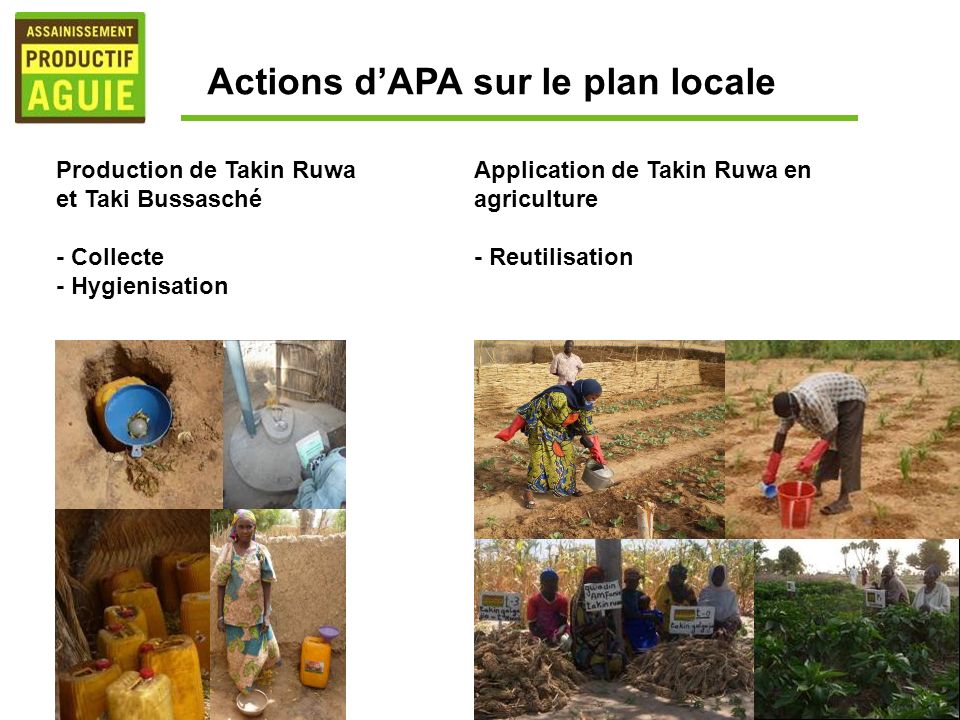 Actions dAPA sur le plan locale Application de Takin Ruwa en agriculture - Reutilisation Production de Takin Ruwa et Taki Bussasché - Collecte - Hygienisation