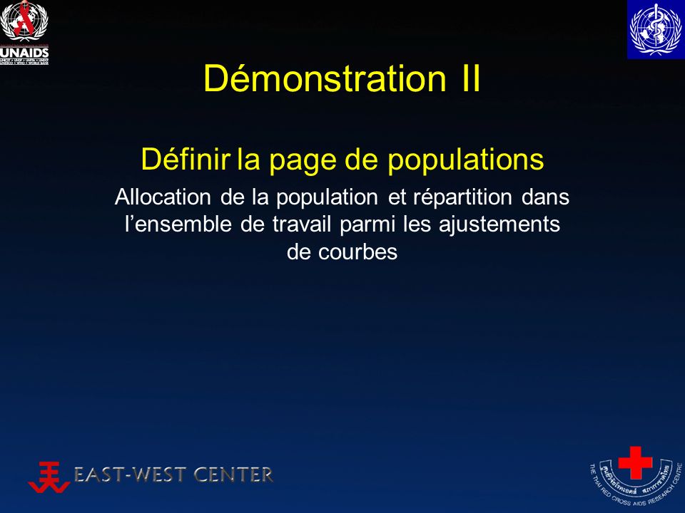 Démonstration II Définir la page de populations Allocation de la population et répartition dans lensemble de travail parmi les ajustements de courbes