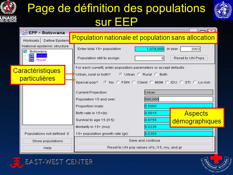 Page de définition des populations sur EEP Population nationale et population sans allocation Caractéristiques particulières Aspects démographiques