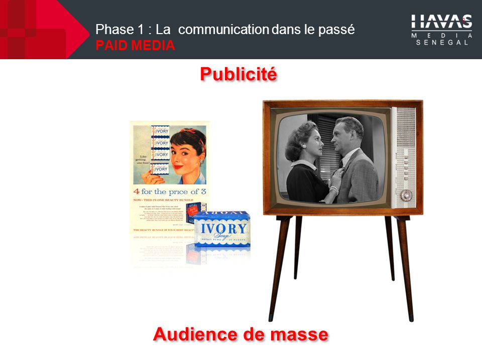 3 Phase 1 : La communication dans le passé PAID MEDIA Audience de masse Publicité