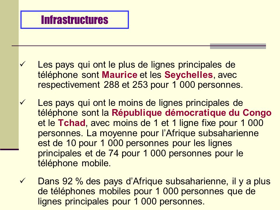 Les pays qui ont le plus de lignes principales de téléphone sont Maurice et les Seychelles, avec respectivement 288 et 253 pour personnes.