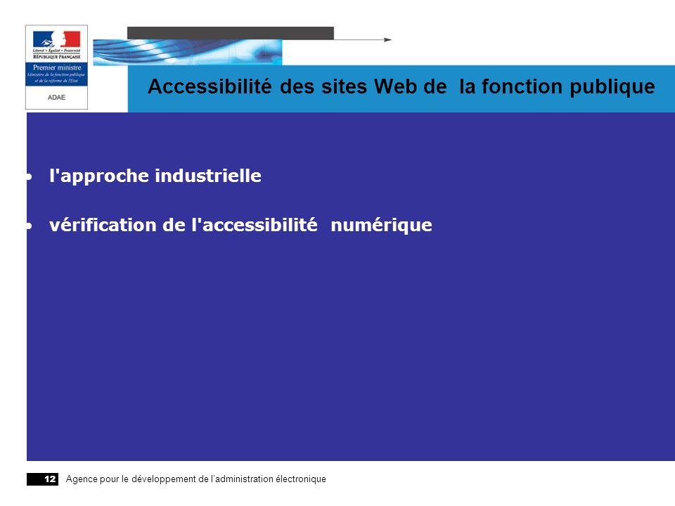 Agence pour le développement de ladministration électronique 12 Accessibilité des sites Web de la fonction publique l approche industrielle vérification de l accessibilité numérique