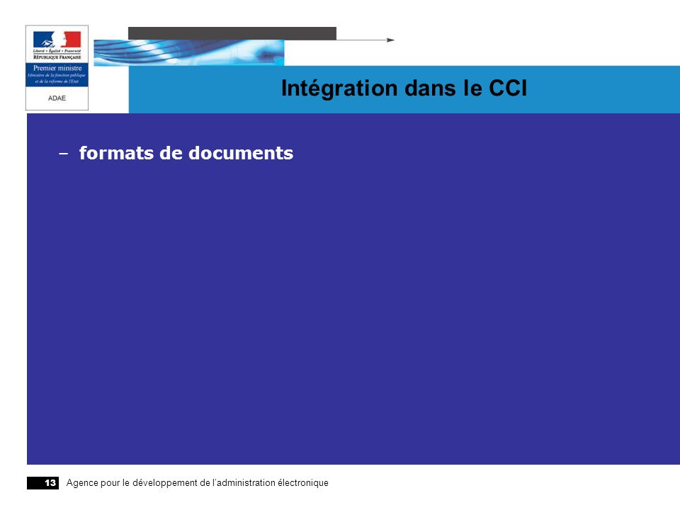 Agence pour le développement de ladministration électronique 13 Intégration dans le CCI –formats de documents