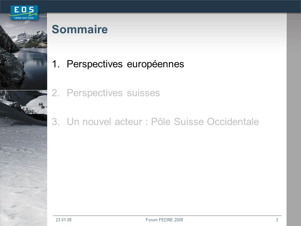 Forum FEDRE Sommaire 1.Perspectives européennes 2.Perspectives suisses 3.Un nouvel acteur : Pôle Suisse Occidentale