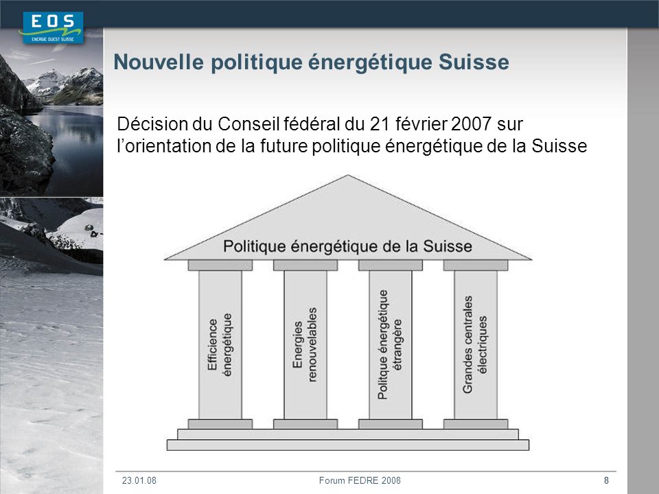 Forum FEDRE Nouvelle politique énergétique Suisse Décision du Conseil fédéral du 21 février 2007 sur lorientation de la future politique énergétique de la Suisse