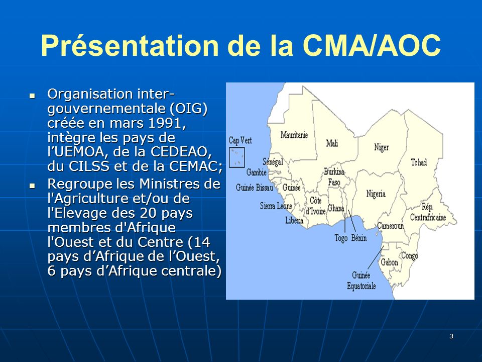 3 Présentation de la CMA/AOC Organisation inter- gouvernementale (OIG) créée en mars 1991, intègre les pays de lUEMOA, de la CEDEAO, du CILSS et de la CEMAC; Organisation inter- gouvernementale (OIG) créée en mars 1991, intègre les pays de lUEMOA, de la CEDEAO, du CILSS et de la CEMAC; Regroupe les Ministres de l Agriculture et/ou de l Elevage des 20 pays membres d Afrique l Ouest et du Centre (14 pays dAfrique de lOuest, 6 pays dAfrique centrale) Regroupe les Ministres de l Agriculture et/ou de l Elevage des 20 pays membres d Afrique l Ouest et du Centre (14 pays dAfrique de lOuest, 6 pays dAfrique centrale)