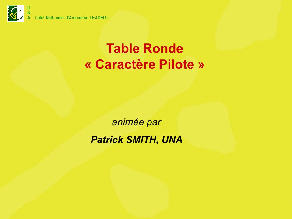 U N A Unité Nationale dAnimation LEADER+ Table Ronde « Caractère Pilote » animée par Patrick SMITH, UNA
