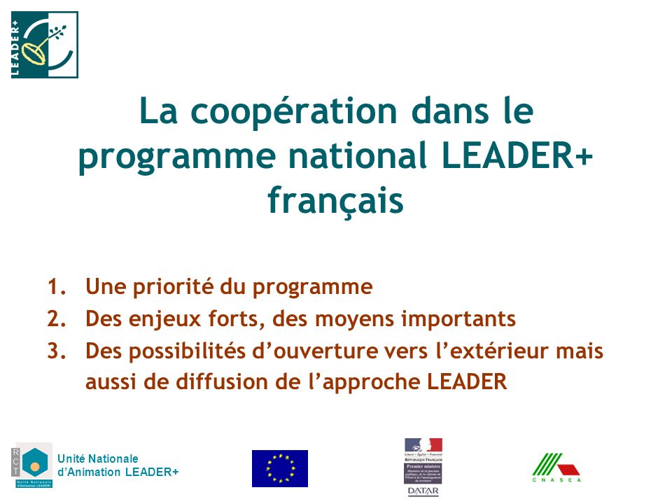 La coopération dans le programme national LEADER+ français Unité Nationale dAnimation LEADER+ 1.Une priorité du programme 2.Des enjeux forts, des moyens importants 3.Des possibilités douverture vers lextérieur mais aussi de diffusion de lapproche LEADER