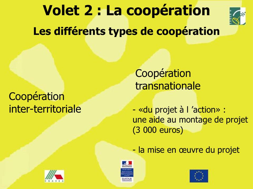 Volet 2 : La coopération Les différents types de coopération Coopération inter-territoriale Coopération transnationale - «du projet à l action» : une aide au montage de projet (3 000 euros) - la mise en œuvre du projet