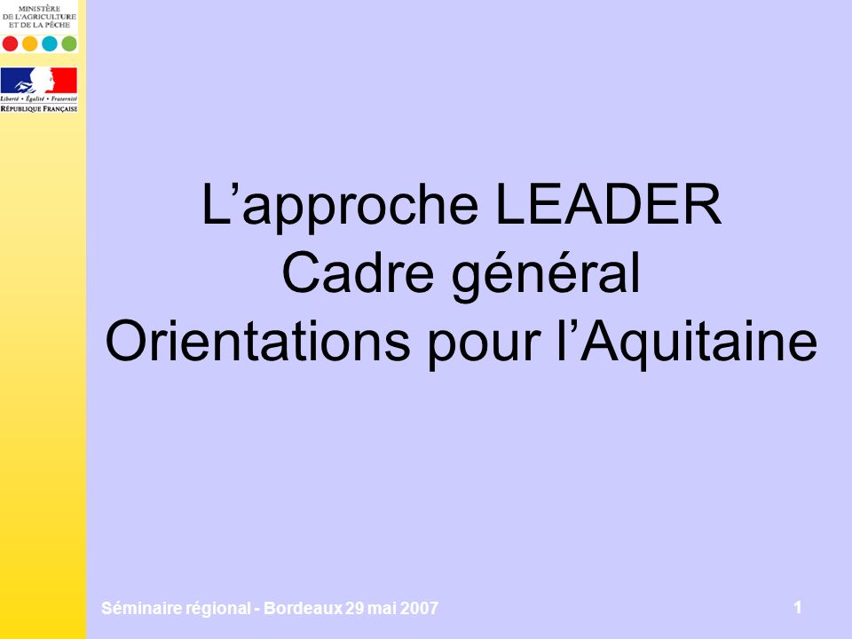 Séminaire régional - Bordeaux 29 mai Lapproche LEADER Cadre général Orientations pour lAquitaine