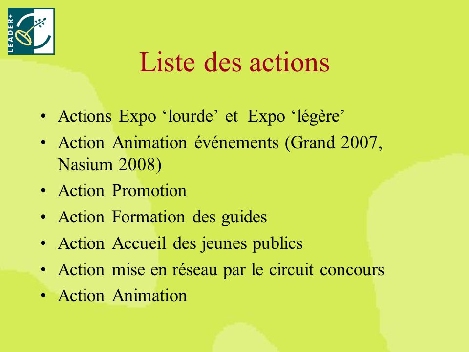 Liste des actions Actions Expo lourde et Expo légère Action Animation événements (Grand 2007, Nasium 2008) Action Promotion Action Formation des guides Action Accueil des jeunes publics Action mise en réseau par le circuit concours Action Animation