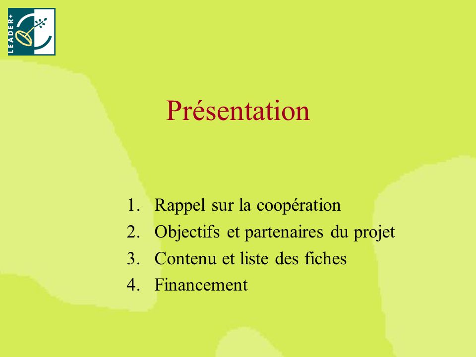 Présentation 1.Rappel sur la coopération 2.Objectifs et partenaires du projet 3.Contenu et liste des fiches 4.Financement