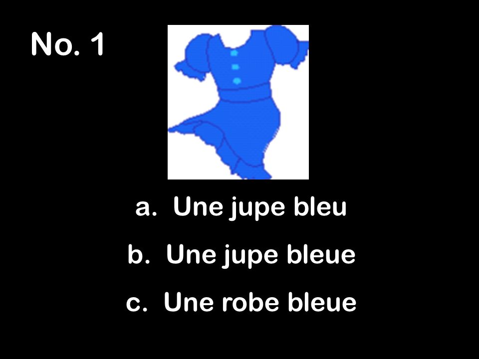 No. 1 a. Une jupe bleu b. Une jupe bleue c. Une robe bleue