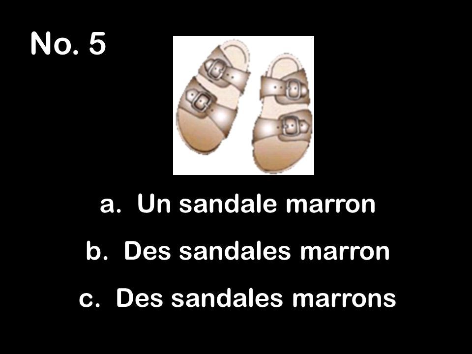 No. 5 a. Un sandale marron b. Des sandales marron c. Des sandales marrons