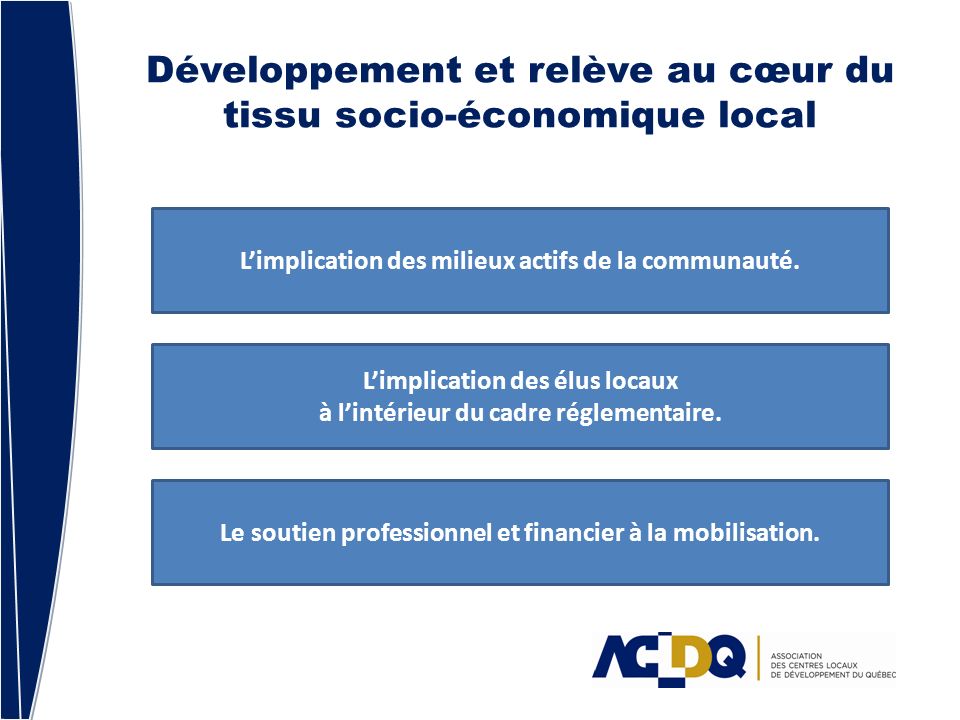 Développement et relève au cœur du tissu socio-économique local Limplication des milieux actifs de la communauté.
