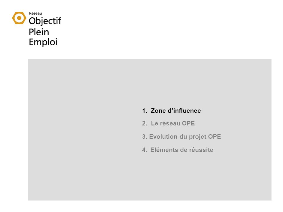 1. Zone dinfluence 2. Le réseau OPE 3. Evolution du projet OPE 4. Eléments de réussite