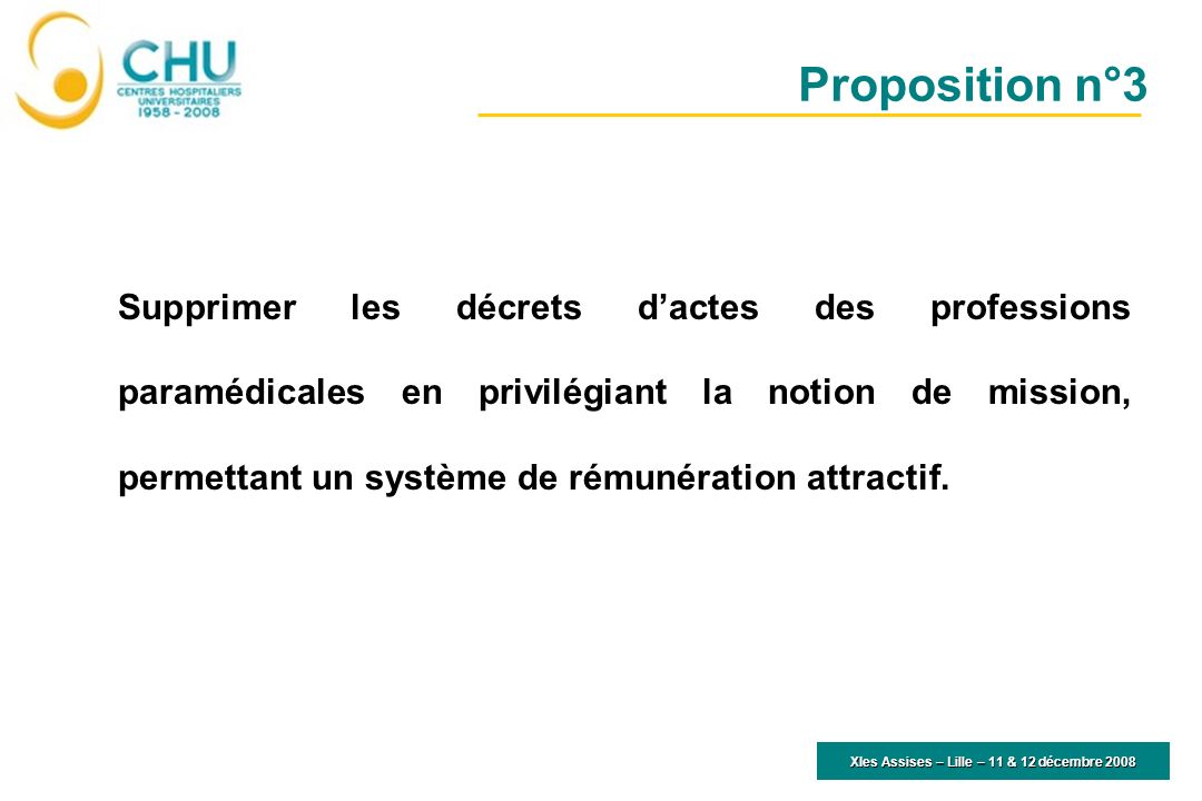 XIes Assises – Lille – 11 & 12 décembre 2008 Supprimer les décrets dactes des professions paramédicales en privilégiant la notion de mission, permettant un système de rémunération attractif.